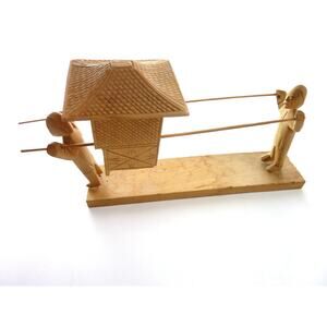 Vintage Cottage Decor Wooden Mini Figure Wood Carving Cart Carry Transport